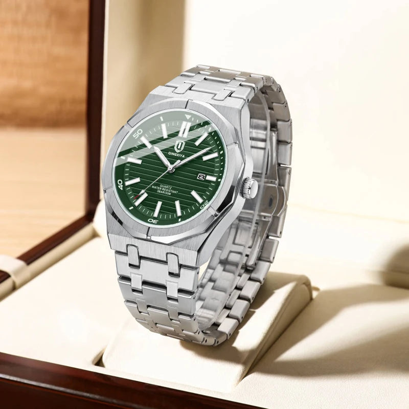Fashion Green Dial Quartz Watch Men Reloj Hombre Luxury Stainless Steel Waterproof
