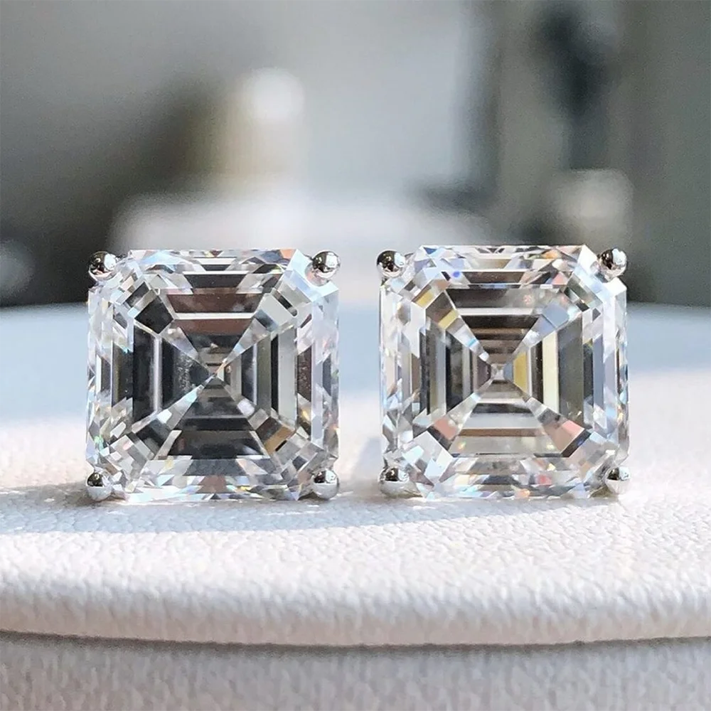 Asscher Cut Moissanite Stud Earrings with Certificates S925 Silver Plated 18k Gold 7mm Lab Diamond Ear Studs for Women