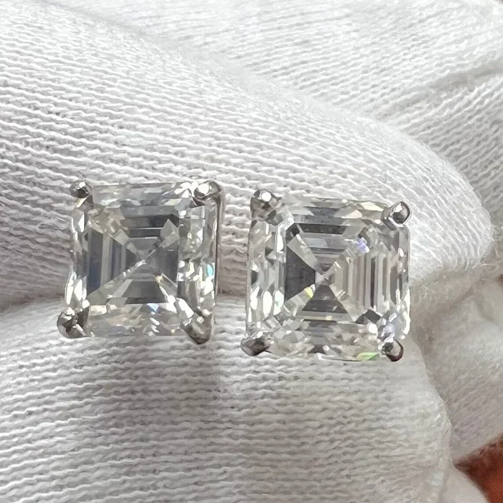 Asscher Cut Moissanite Stud Earrings with Certificates S925 Silver Plated 18k Gold 7mm Lab Diamond Ear Studs for Women