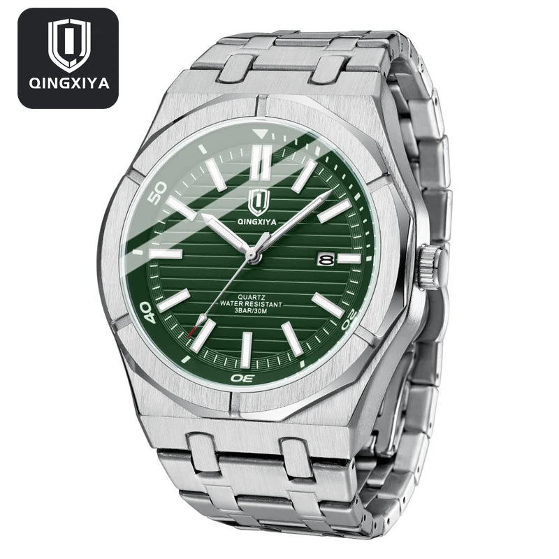 Fashion Green Dial Quartz Watch Men Reloj Hombre Luxury Stainless Steel Waterproof