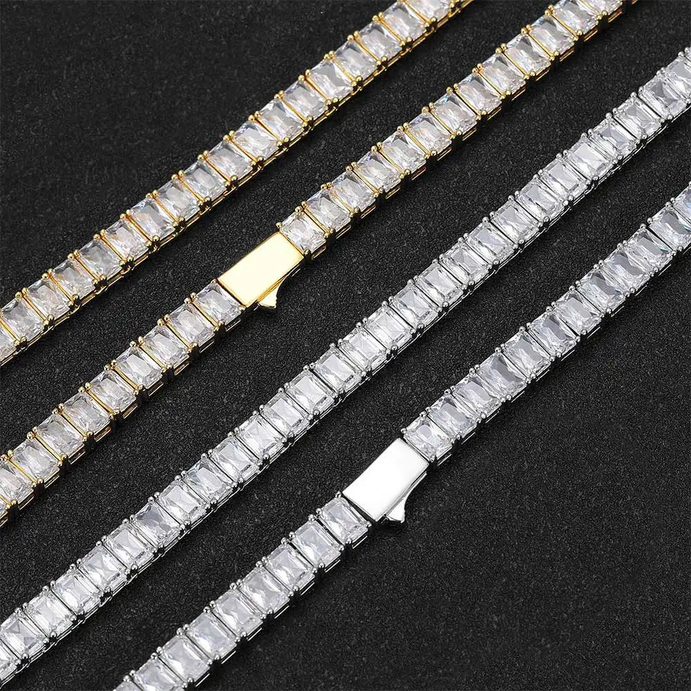 6mm Iced Out Tennis Chain Necklace New Brass CZ Bling Rectangular Zircon Tennis Necklace Men Women's
