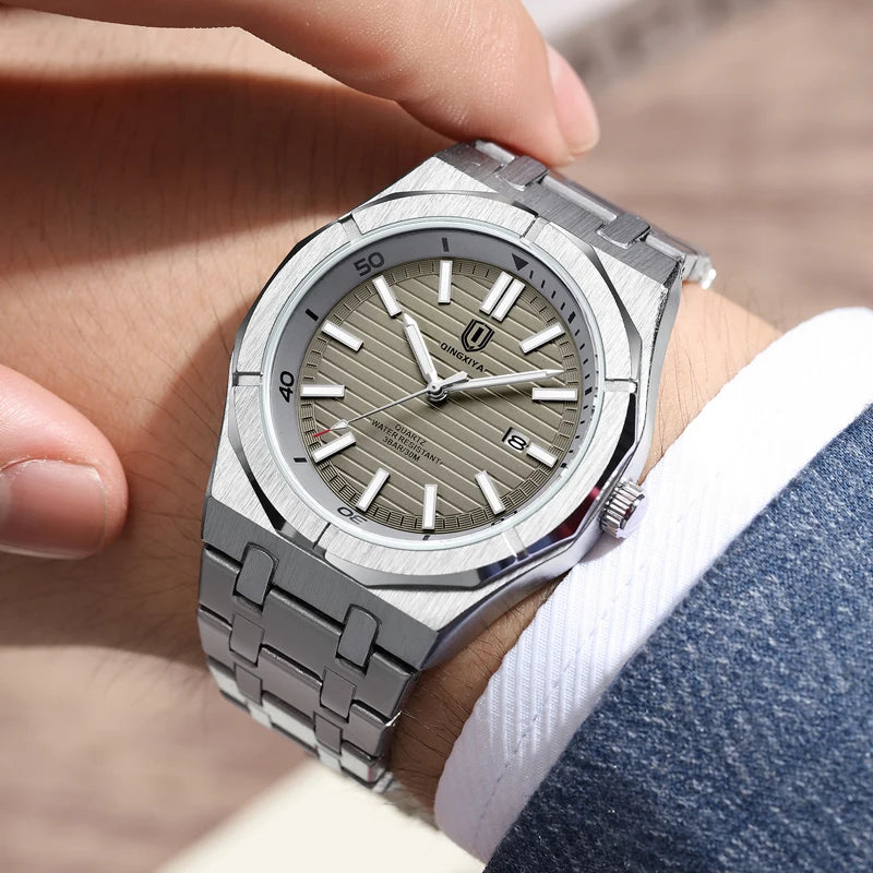Fashion Green Dial Quartz Watch Men Reloj Hombre Luxury Stainless Steel Waterproof