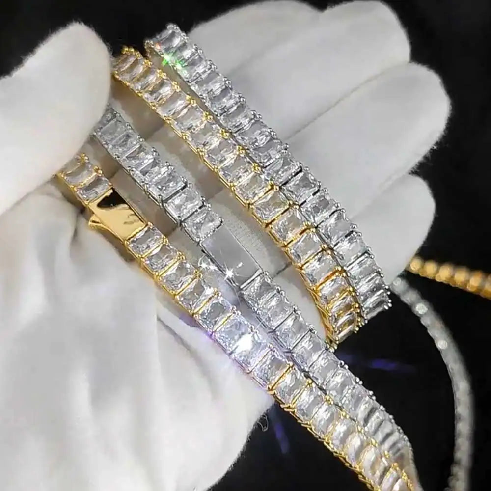 6mm Iced Out Tennis Chain Necklace New Brass CZ Bling Rectangular Zircon Tennis Necklace Men Women's
