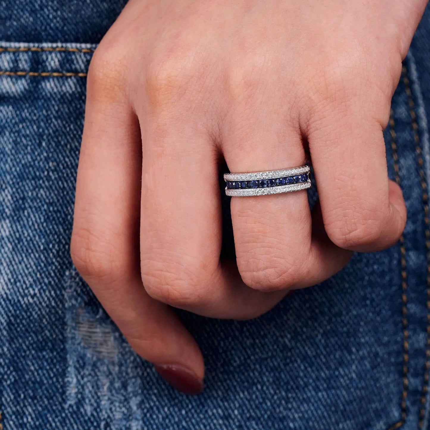 Blue Created Sapphire Rings for Women Half Eternity Wedding Band Cubic Zircon Party Ring