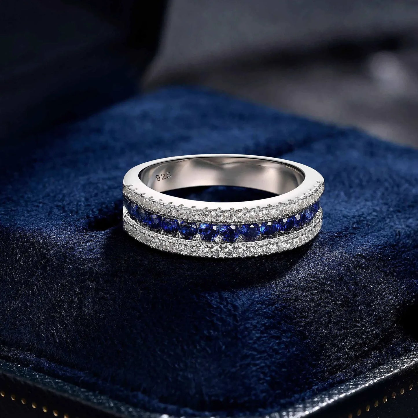 Blue Created Sapphire Rings for Women Half Eternity Wedding Band Cubic Zircon Party Ring