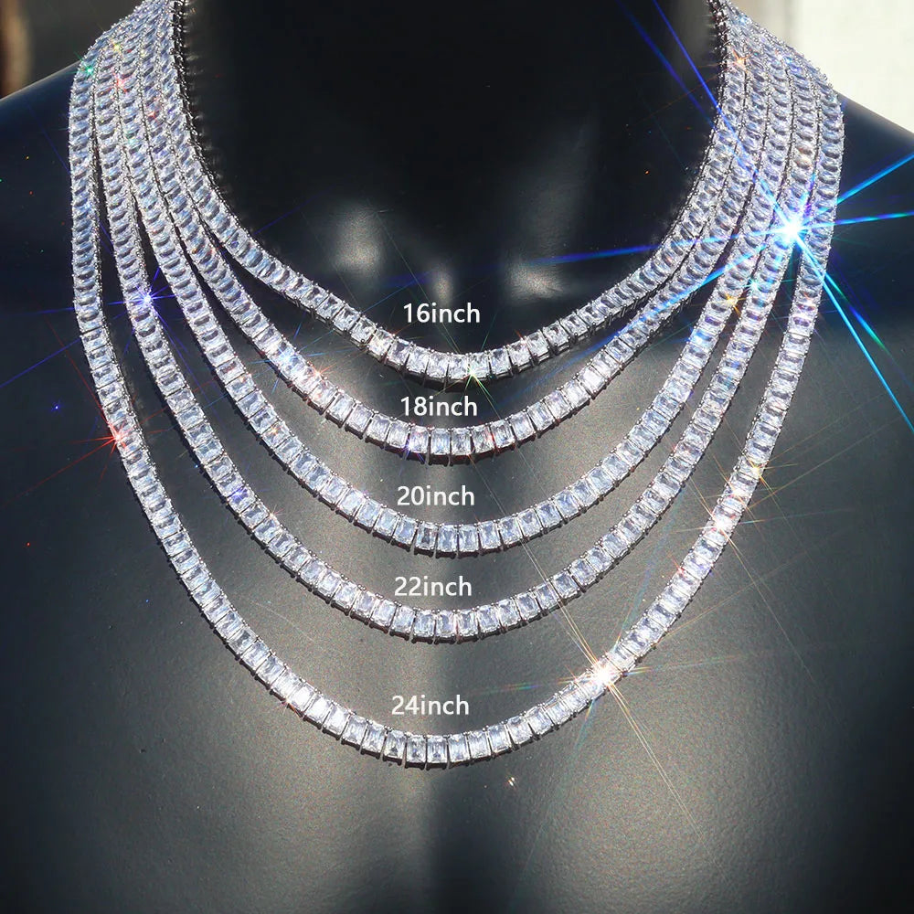 6mm Iced Out Tennis Chain Necklace New Brass CZ Bling Rectangular Zircon Tennis Necklace Men Women's