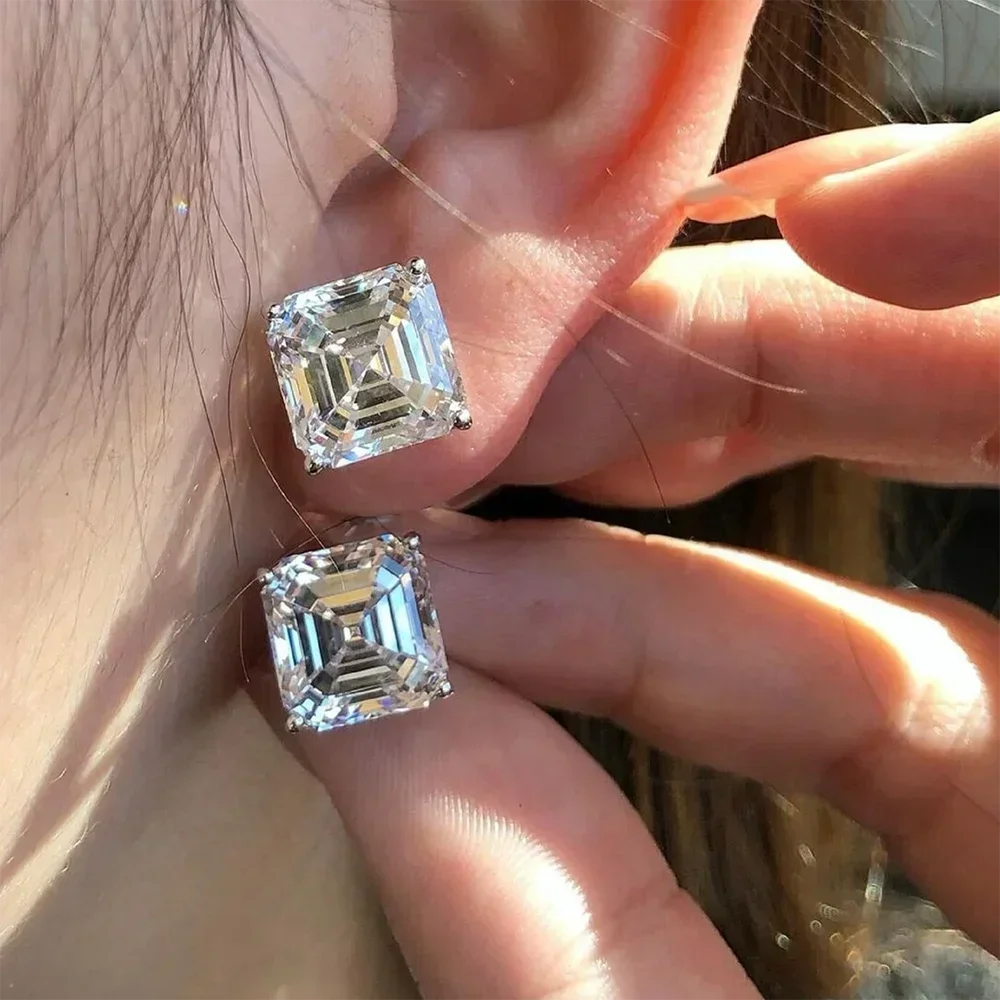 Asscher Cut Moissanite Stud Earrings with Certificates S925 Silver Plated 18k Gold 7mm Lab Diamond Ear Studs for Women