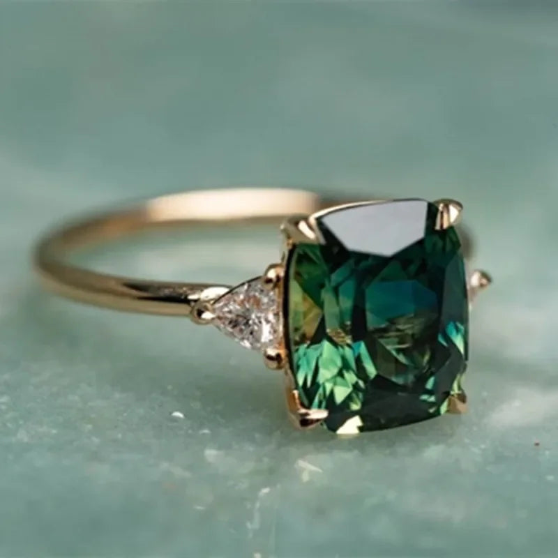 Huitan Gorgeous 925 Sterling Silver Ring Lady Gold Color Finger Accessories with Bright Green Zirconia Luxury