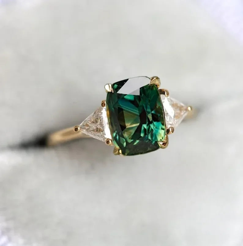 Huitan Gorgeous 925 Sterling Silver Ring Lady Gold Color Finger Accessories with Bright Green Zirconia Luxury