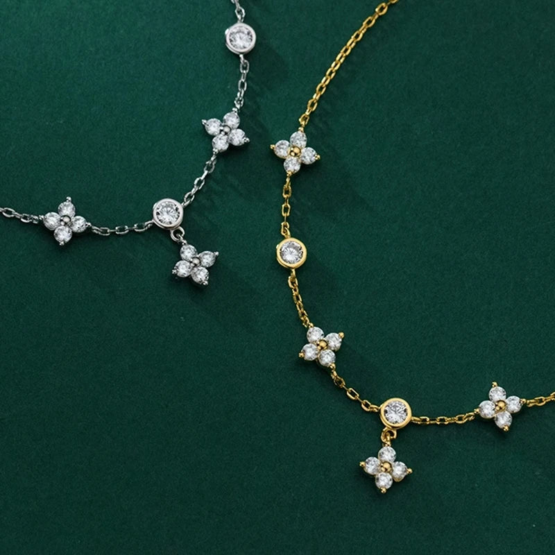Lnngy Moissanite Bracelet With Certificate 925 Sterling Silver Four-leaf Flower Adjustable Chain Bracelets