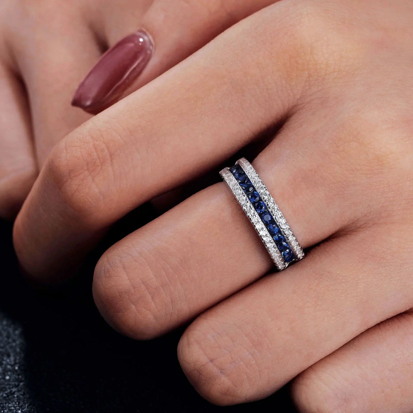 Blue Created Sapphire Rings for Women Half Eternity Wedding Band Cubic Zircon Party Ring