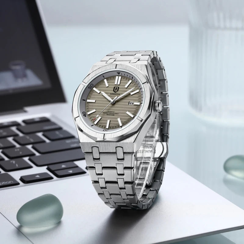 Fashion Green Dial Quartz Watch Men Reloj Hombre Luxury Stainless Steel Waterproof