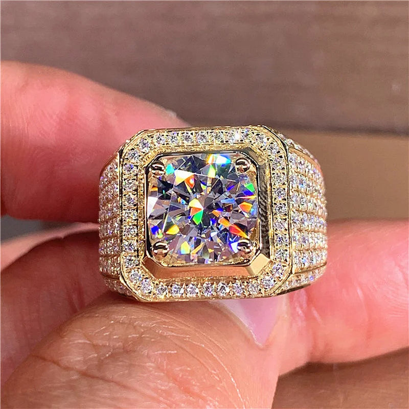 14K Gold Male 2ct Lab Diamond Moissanite Ring 925 sterling silver Jewelry Party Wedding band Rings for men