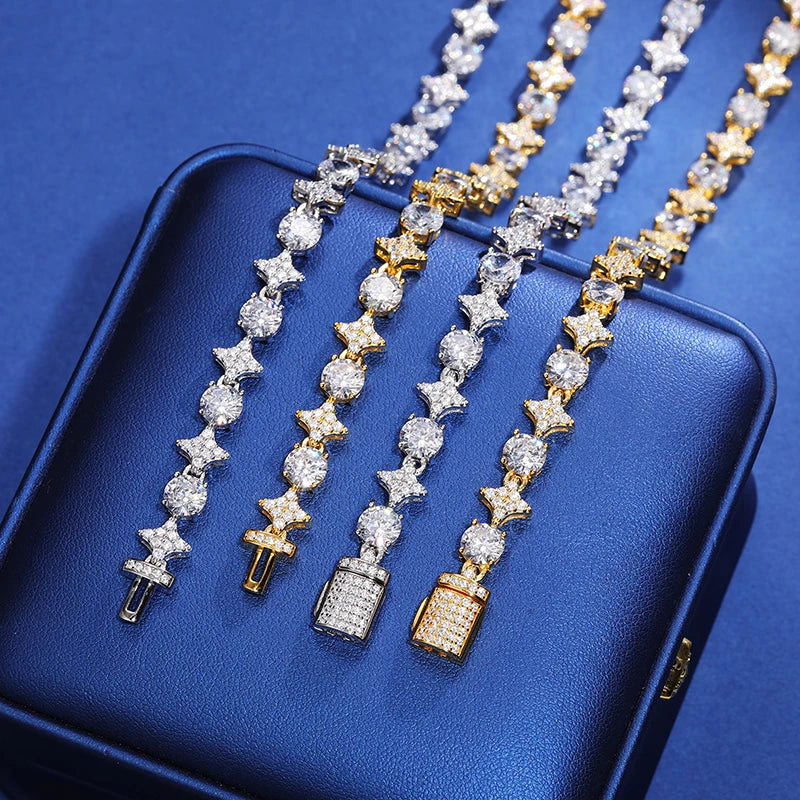 925 Sterling Silver Star Round Moissanite Tennis Chain