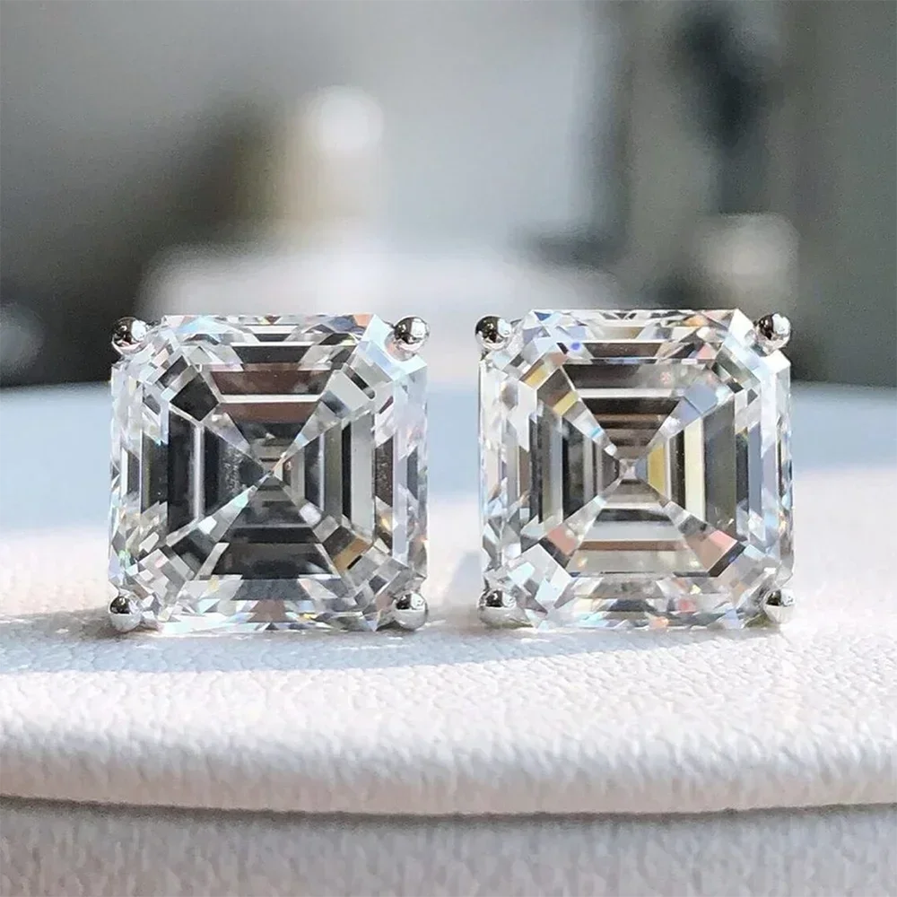 Asscher Cut Moissanite Stud Earrings with Certificates S925 Silver Plated 18k Gold 7mm Lab Diamond Ear Studs for Women
