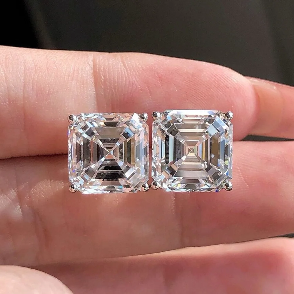 Asscher Cut Moissanite Stud Earrings with Certificates S925 Silver Plated 18k Gold 7mm Lab Diamond Ear Studs for Women