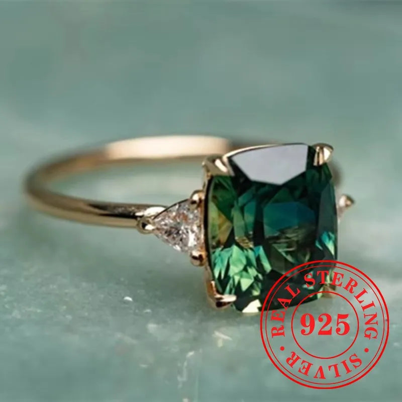 Huitan Gorgeous 925 Sterling Silver Ring Lady Gold Color Finger Accessories with Bright Green Zirconia Luxury