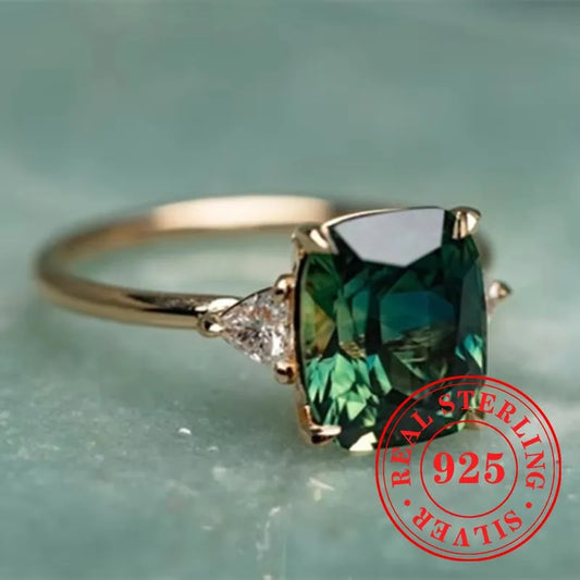 Huitan Gorgeous 925 Sterling Silver Ring Lady Gold Color Finger Accessories with Bright Green Zirconia Luxury