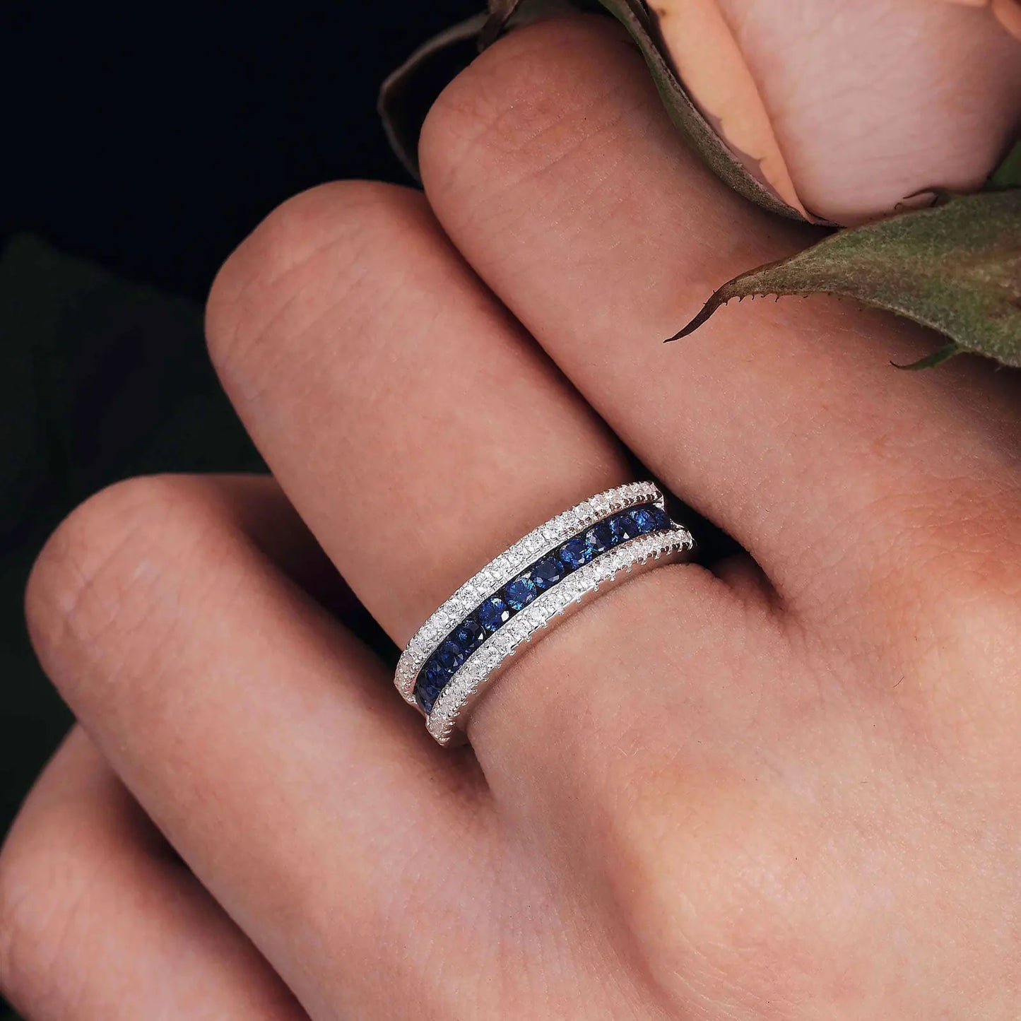Blue Created Sapphire Rings for Women Half Eternity Wedding Band Cubic Zircon Party Ring