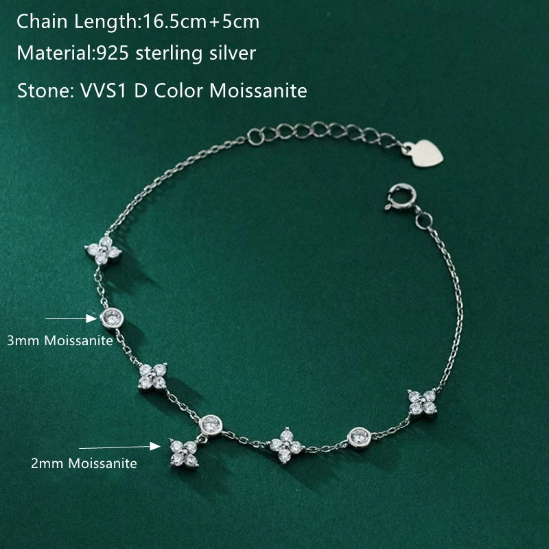 Lnngy Moissanite Bracelet With Certificate 925 Sterling Silver Four-leaf Flower Adjustable Chain Bracelets
