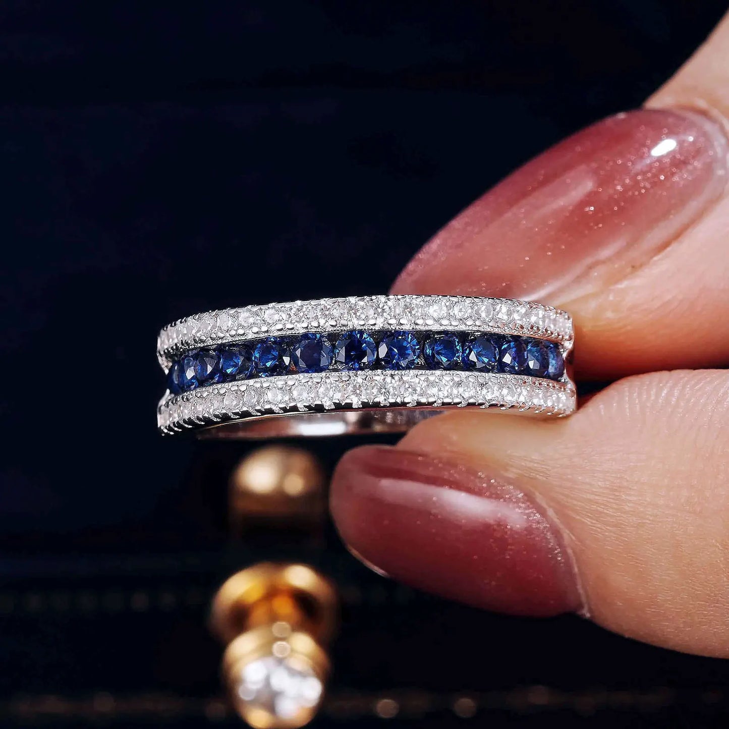 Blue Created Sapphire Rings for Women Half Eternity Wedding Band Cubic Zircon Party Ring