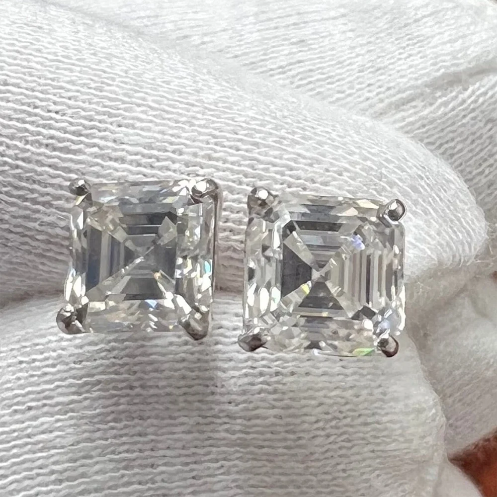 Asscher Cut Moissanite Stud Earrings with Certificates S925 Silver Plated 18k Gold 7mm Lab Diamond Ear Studs for Women