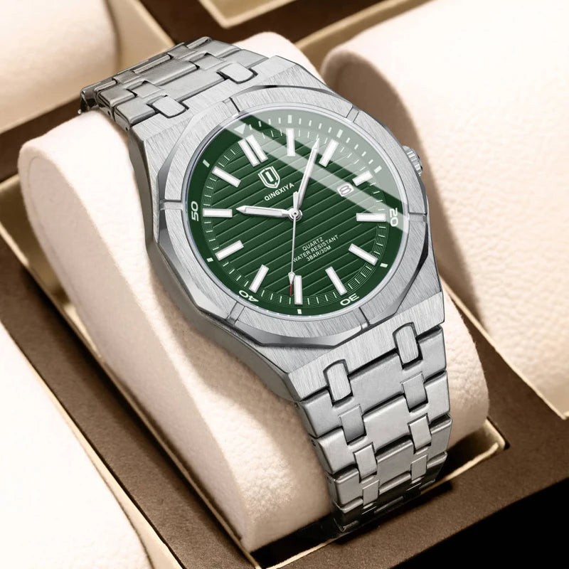 Fashion Green Dial Quartz Watch Men Reloj Hombre Luxury Stainless Steel Waterproof