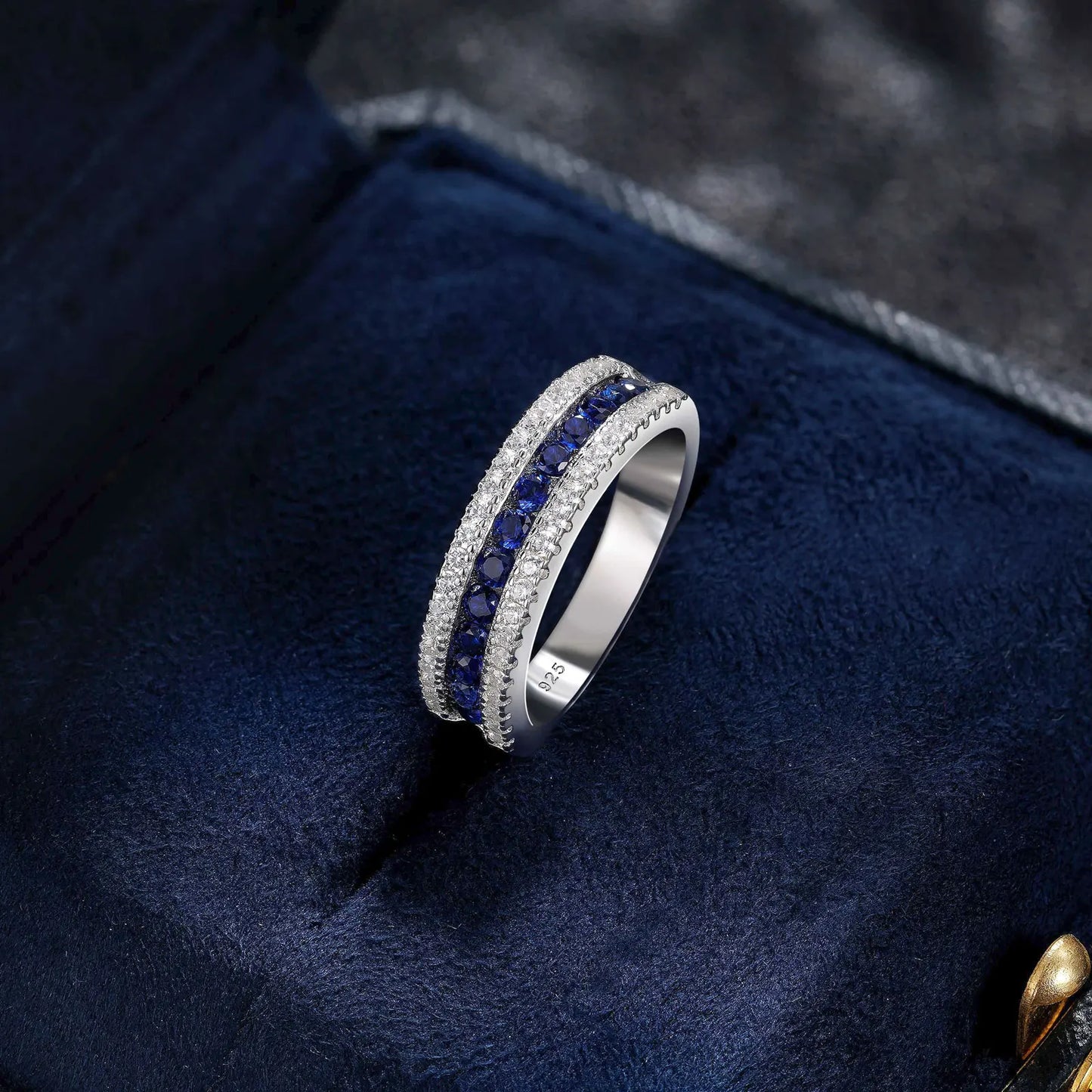 Blue Created Sapphire Rings for Women Half Eternity Wedding Band Cubic Zircon Party Ring