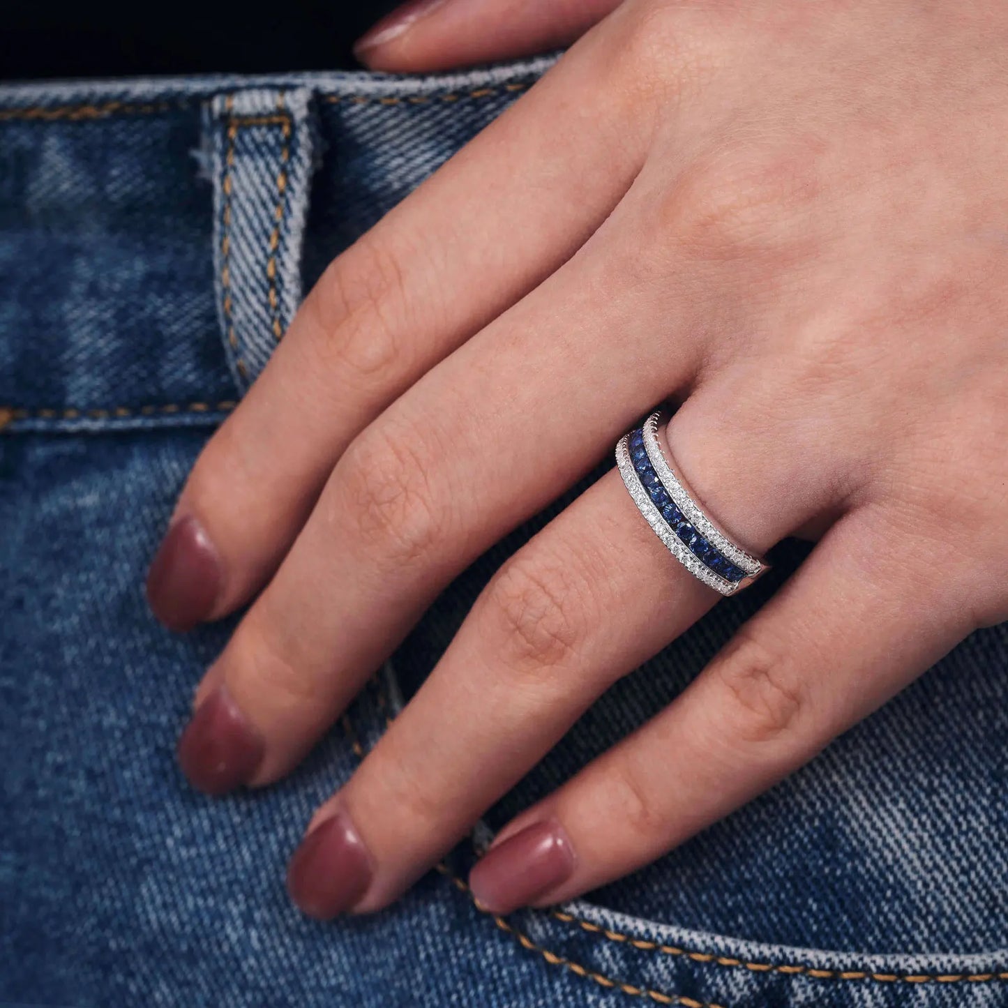 Blue Created Sapphire Rings for Women Half Eternity Wedding Band Cubic Zircon Party Ring