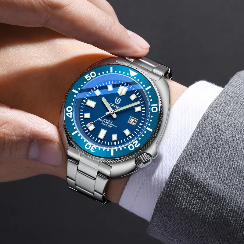Brand New Fashion Design Date Quartz Watch for Men Stainless Steel Waterproof Luminous Mens Watches Relogio Masculino