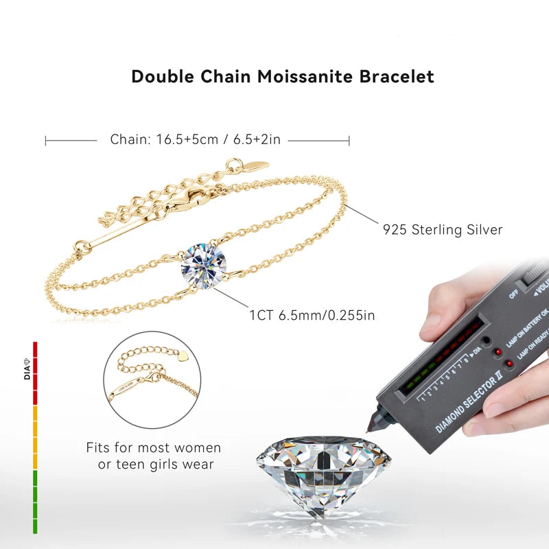 Moissanite Bracelet 925 Sterling Silver Certified Double Chain Bracelets For Women Charm Wedding Jewelry Gift