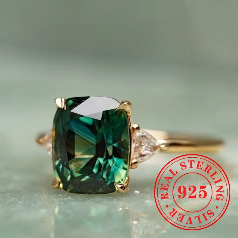 Huitan Gorgeous 925 Sterling Silver Ring Lady Gold Color Finger Accessories with Bright Green Zirconia Luxury