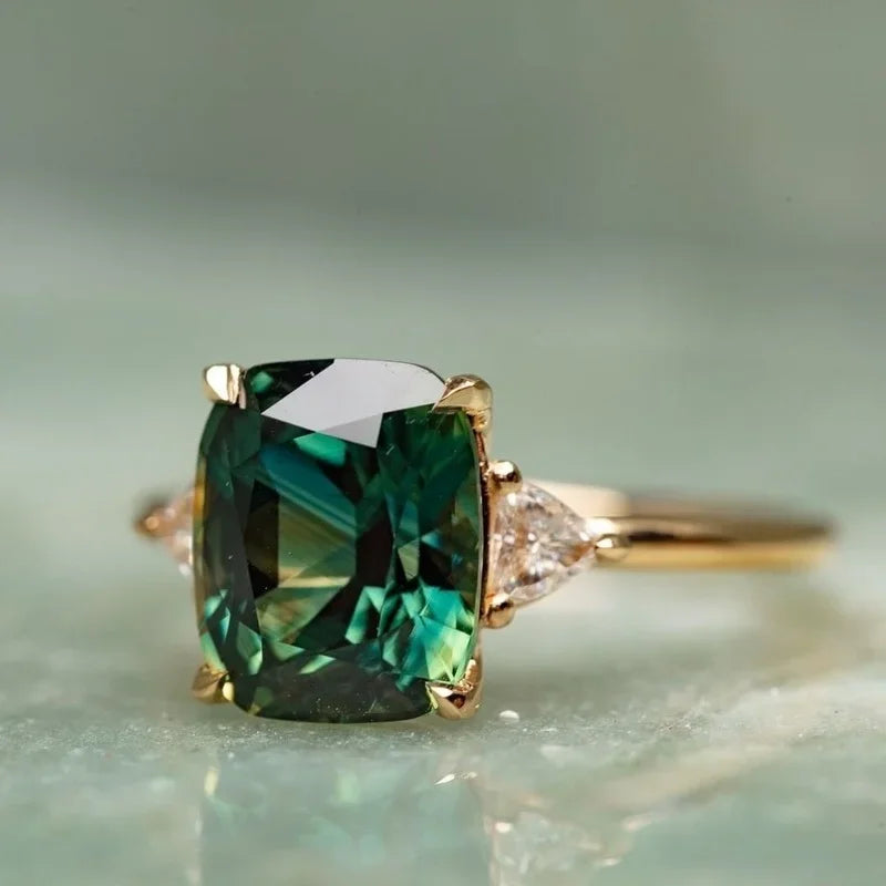 Huitan Gorgeous 925 Sterling Silver Ring Lady Gold Color Finger Accessories with Bright Green Zirconia Luxury