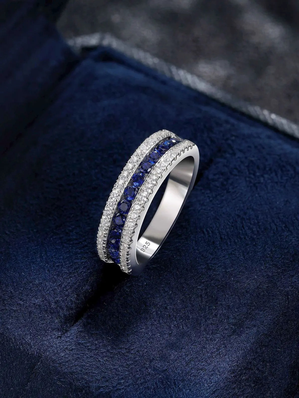 Blue Created Sapphire Rings for Women Half Eternity Wedding Band Cubic Zircon Party Ring