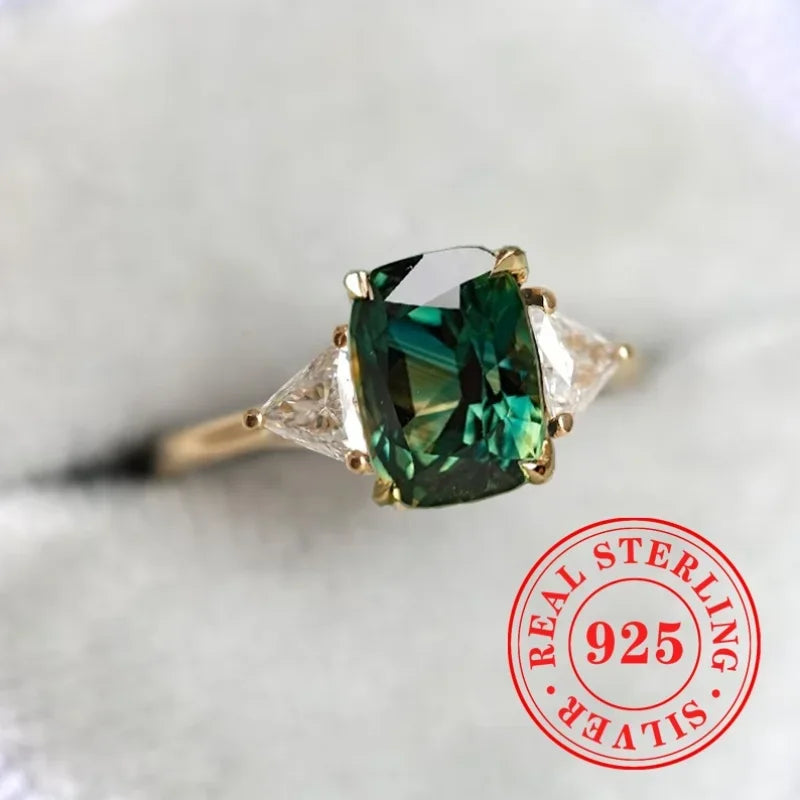 Huitan Gorgeous 925 Sterling Silver Ring Lady Gold Color Finger Accessories with Bright Green Zirconia Luxury