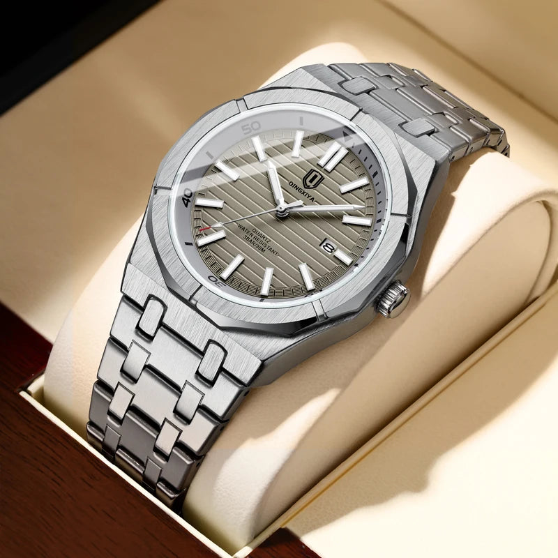Fashion Green Dial Quartz Watch Men Reloj Hombre Luxury Stainless Steel Waterproof