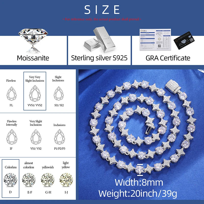925 Sterling Silver Star Round Moissanite Tennis Chain