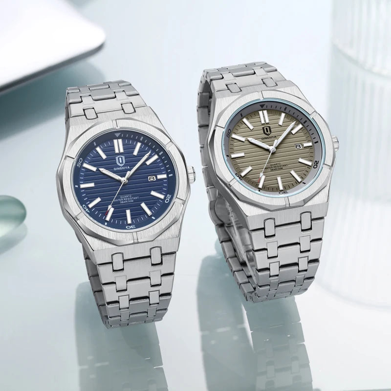 Fashion Green Dial Quartz Watch Men Reloj Hombre Luxury Stainless Steel Waterproof