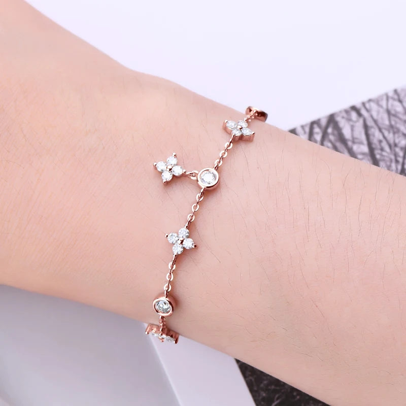 Lnngy Moissanite Bracelet With Certificate 925 Sterling Silver Four-leaf Flower Adjustable Chain Bracelets
