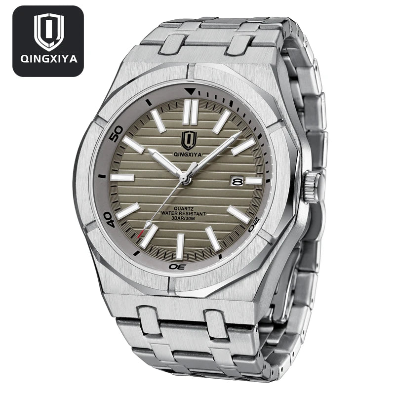 Fashion Green Dial Quartz Watch Men Reloj Hombre Luxury Stainless Steel Waterproof