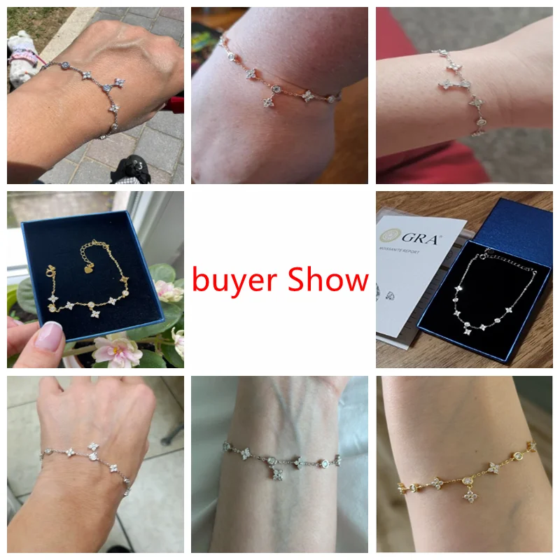 Lnngy Moissanite Bracelet With Certificate 925 Sterling Silver Four-leaf Flower Adjustable Chain Bracelets