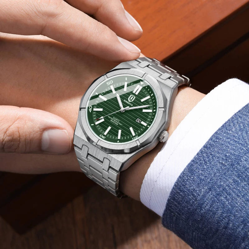 Fashion Green Dial Quartz Watch Men Reloj Hombre Luxury Stainless Steel Waterproof