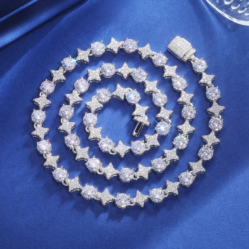 925 Sterling Silver Star Round Moissanite Tennis Chain